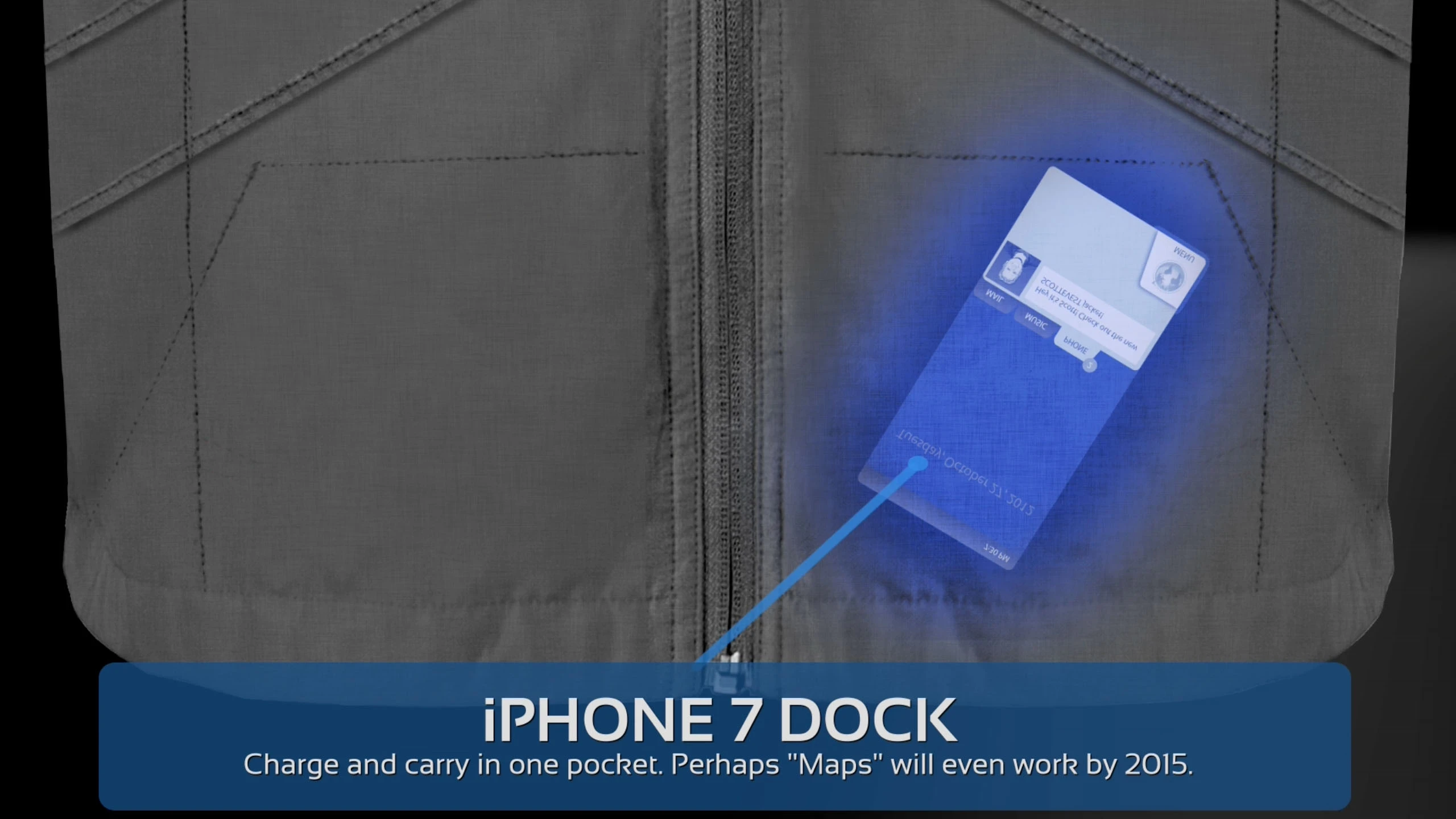 An iPhone dock is woven into a pocket