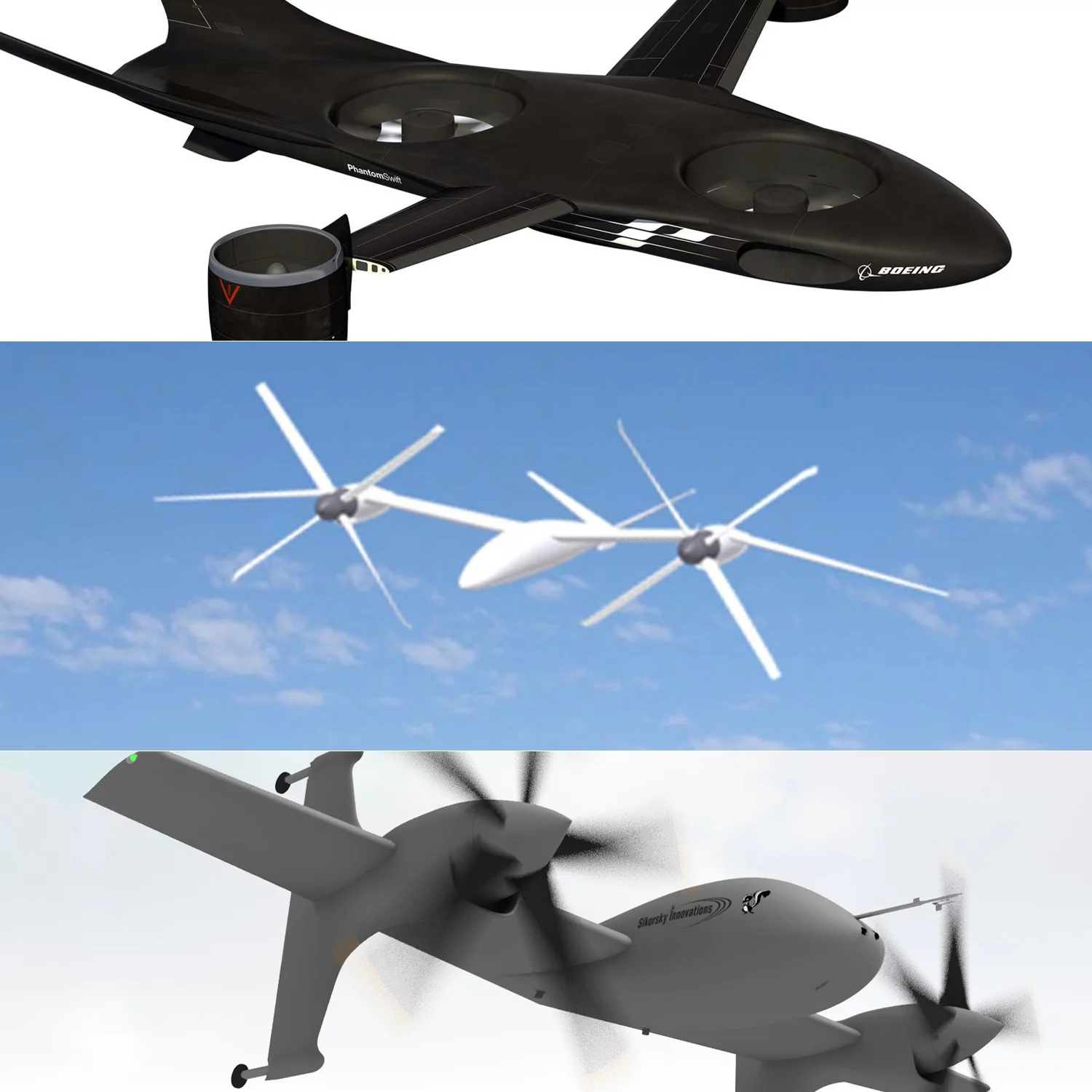 VTOL X-Plane design proposals from Boeing (top), Karem and Sikorsky
