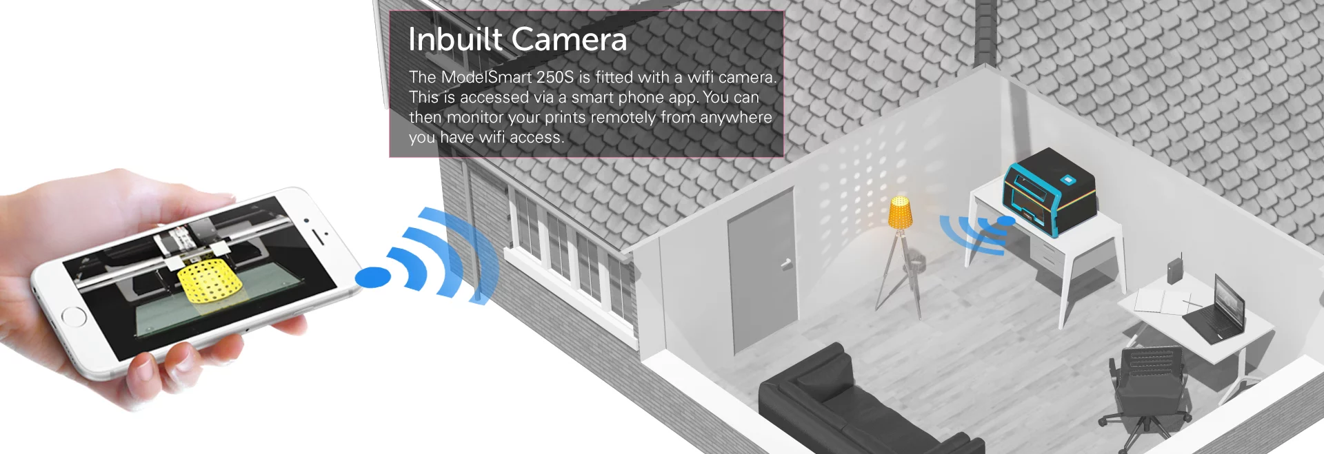 A built in Wi-Fi-enabled camera allows remote monitoring of projects