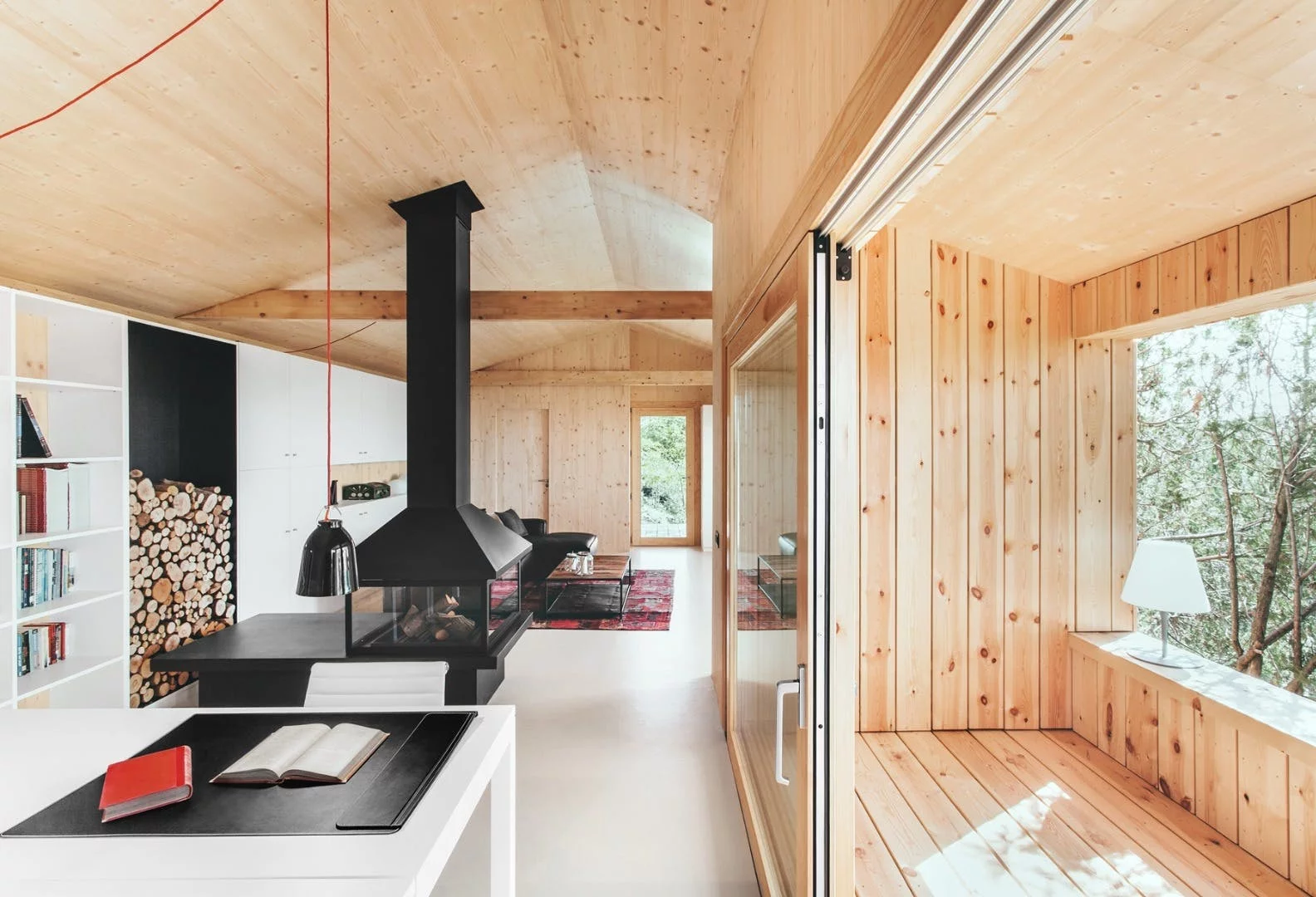Inside the Wood Studio House, whose structure was built using prefabricated timber sections
