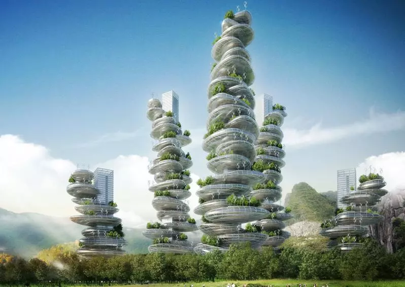 A French architectural group recently revealed its concept for "Asian Cairns," a series of six sustainable buildings that resemble a stack of pebbles and produce their own food