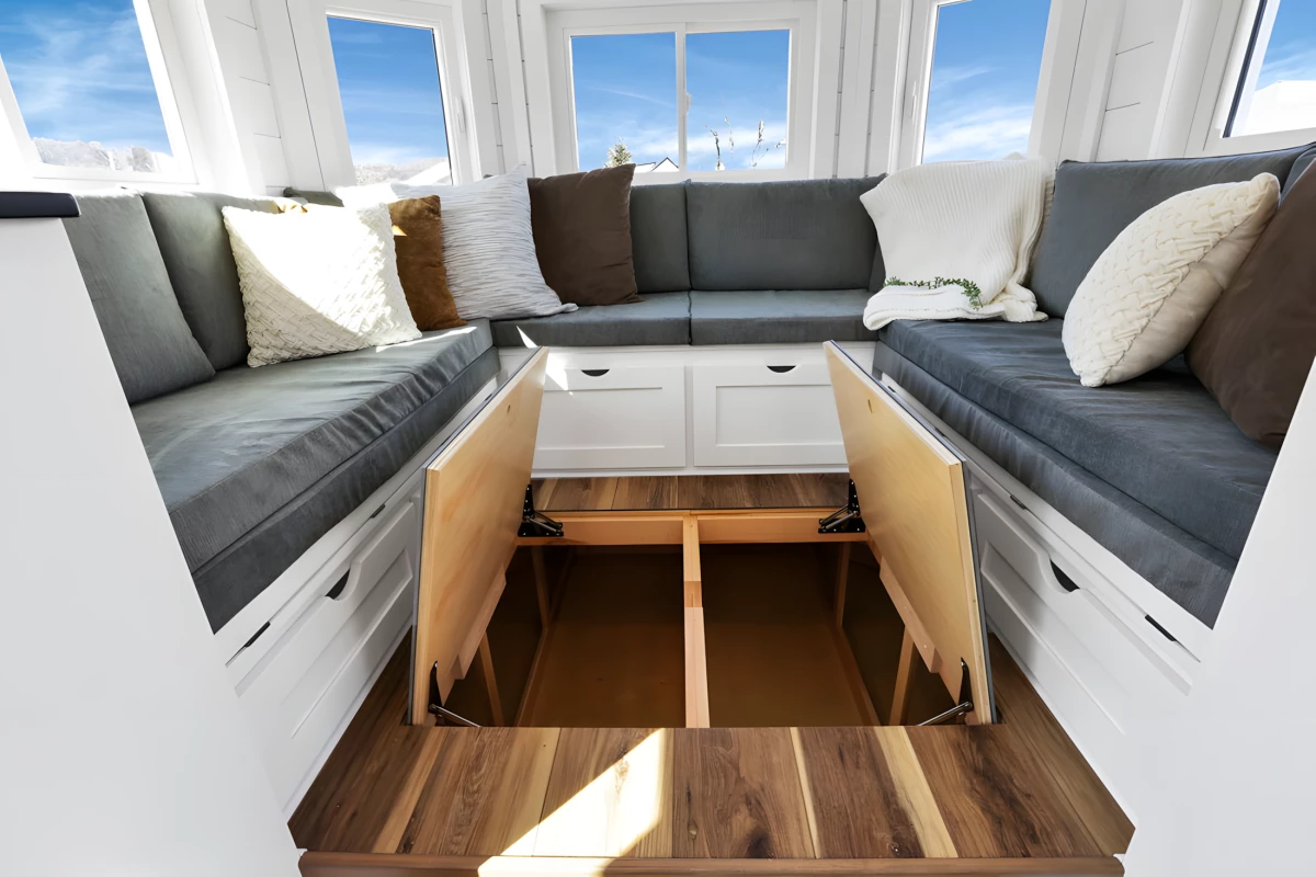 The Shadow's living room has lots of integrated storage, including an underfloor hatch