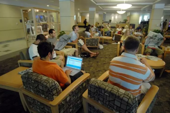 The Wi-Fi connection in the HUB-Robeson Center at Penn State being used by students. Research indicates that networks in the future could use lighting systems to help transmit data (Images: Penn State)