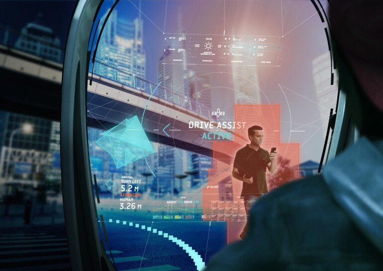 The FV2's augmented reality windshield helps the driver assess his or her environment