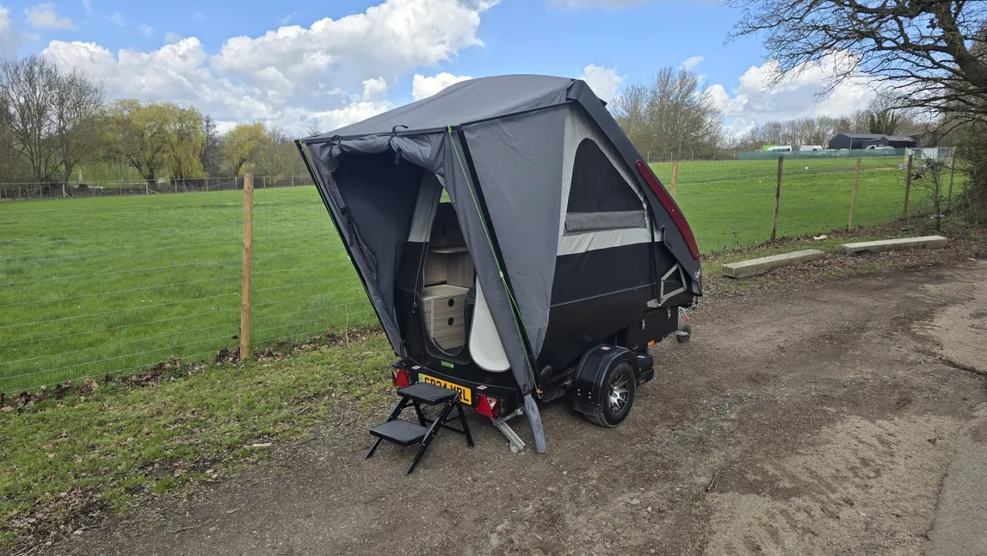 Dashaway ECT camper with awning tied back into sunshade form