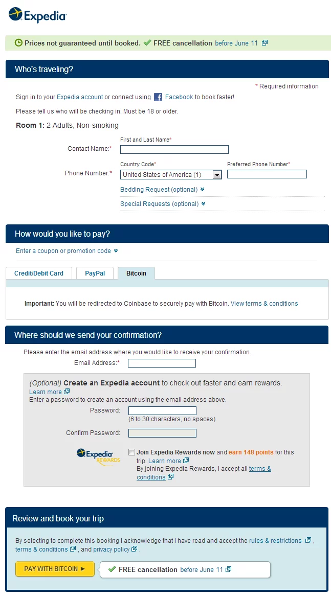 Expedia site window with another bitcoin checkout option