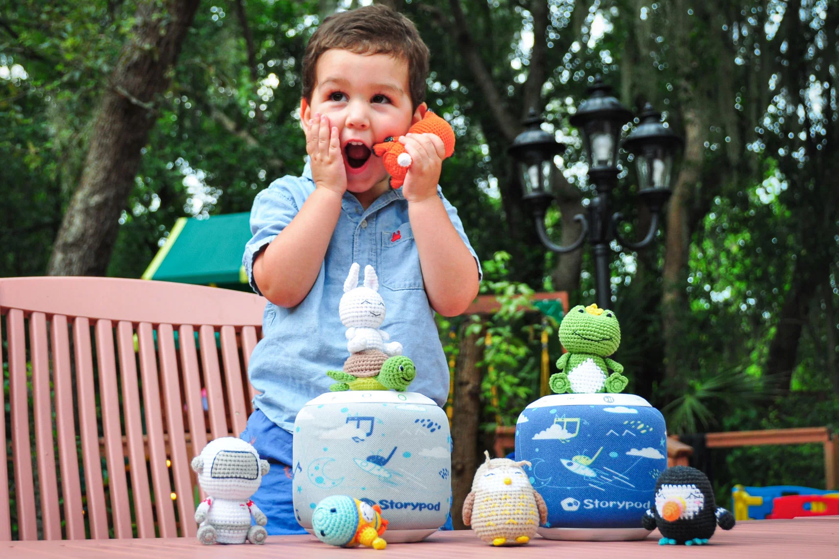 Children will love the adorable yarn "Craftie" figurines that are placed on the Storypod