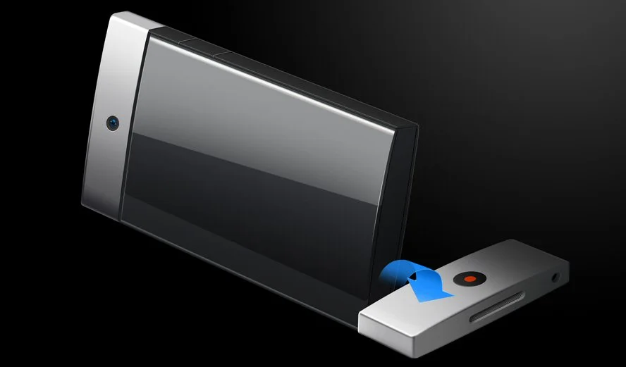 One end of the phone is pivoted to provide a built-in display stand
