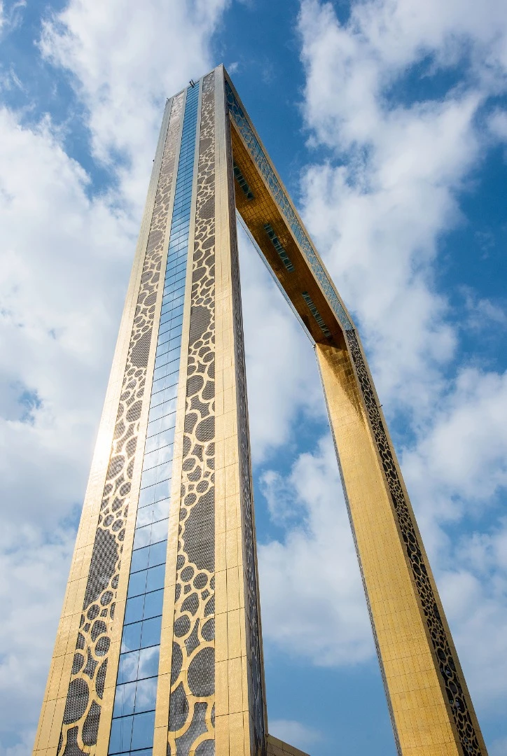 The Dubai Frame stands 150 m (492 ft) tall and 93 m (305 ft) wide