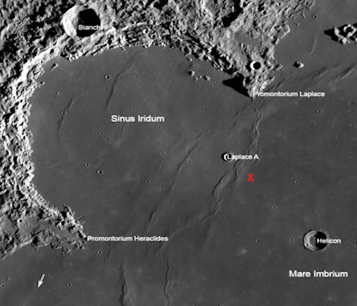 X marks the spot? Conjectured landing site for Chang'e-3 within Sinus Iridum (Image: NASA)