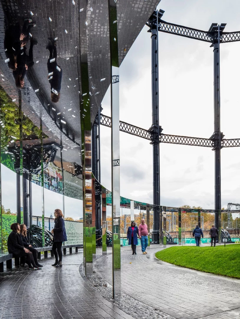 A new steel canopy encircles the edge of the park, providing shelter
