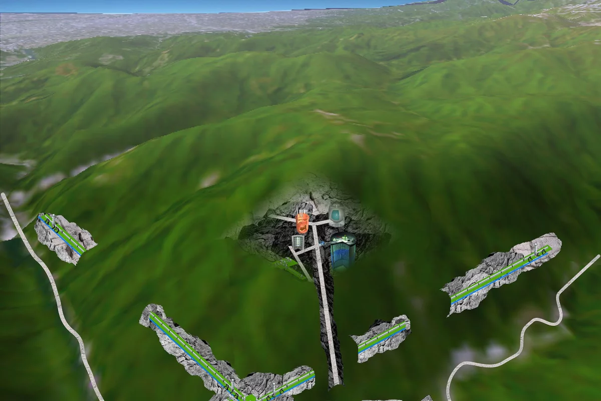 A rendering of the upcoming KAGRA gravitational wave detector in Japan, which is being built underground