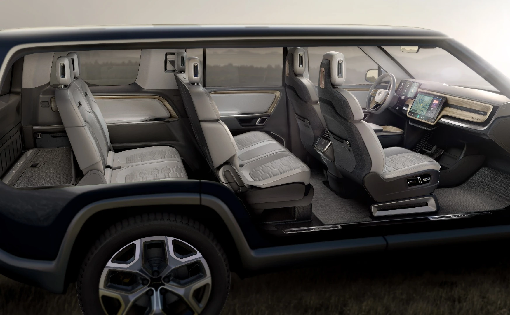 Seating for up to seven is available in the Rivian R1S, though opting for the larger battery pack requires the third row of seats to be sacrificed