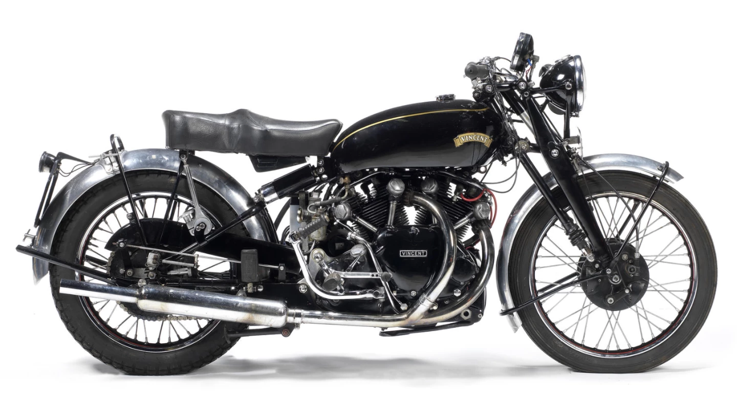 This 1953 Series-C Black Shadow shipped new to the Indian Sales Corporation in San Francisco, Vincent's US importer at that time. An older restoration, the machine was purchased by the vendor in September 2005 and saw little use in the years prior to this sale due of the owner's deteriorating health, though it had been kept in dry storage and started regularly. Serviced just prior to the auction and said to run well, the machine sold for GBP£70,940 ($119,197) in April, 2014 at Bonhams' Staffordshire sale.
