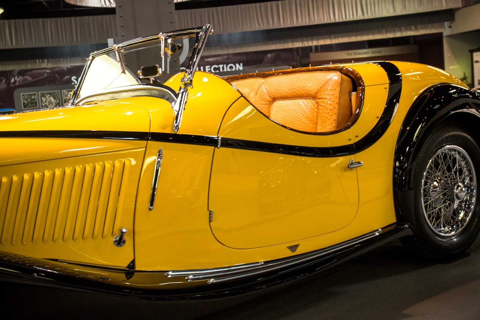 1934 Avions Voisin type C27 Grand Sport Roadster: "the interior features an Ostrich-skin upholstery. This was a one-off. And as I understand, this is not the original color it shipped in."
