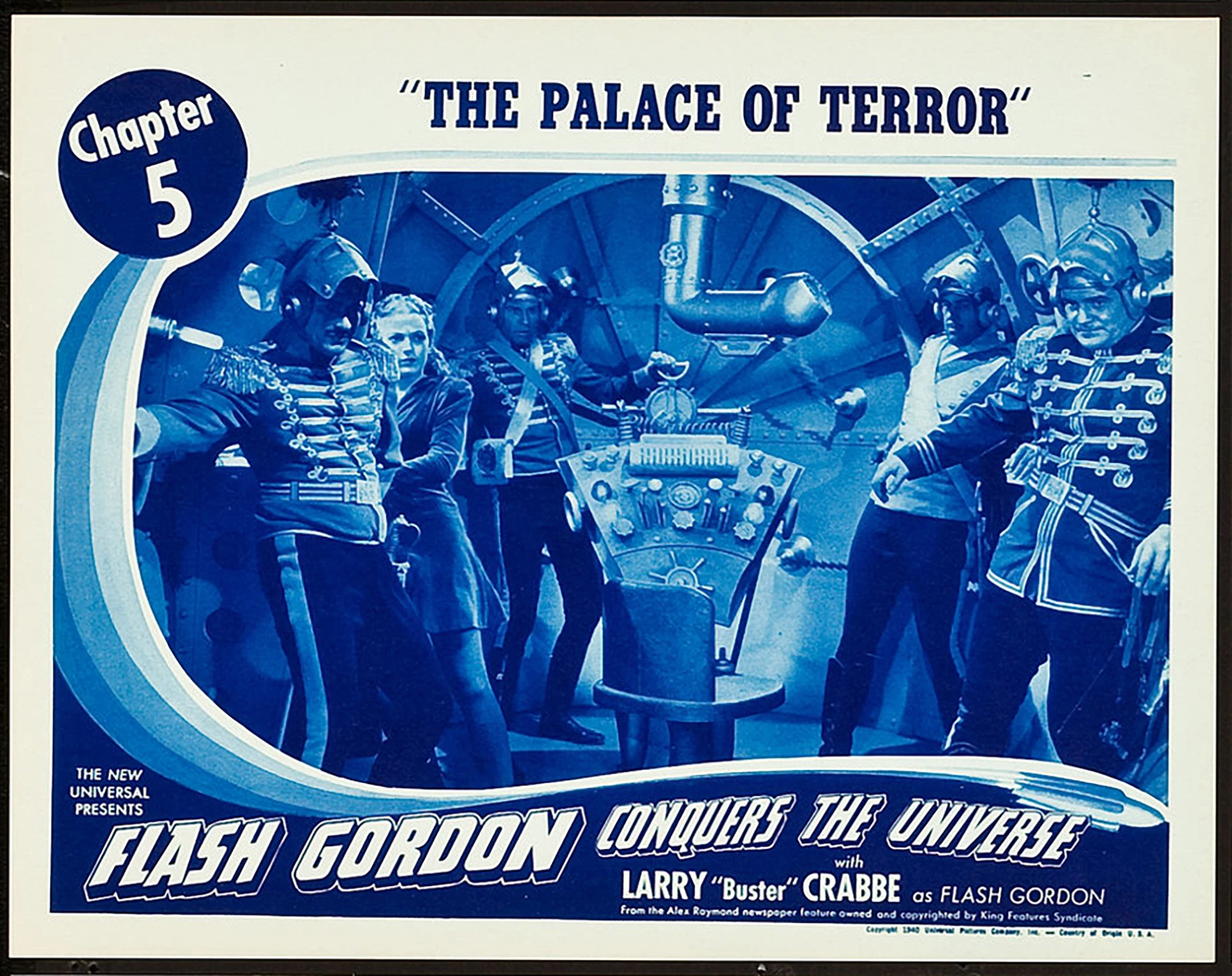 Flash Gordon was featured in three serial films: Flash Gordon (1936), Flash Gordon's Trip to Mars (1938), and Flash Gordon Conquers the Universe (1940). These movie serials were popular during the first half of the 20th century, consisting of a series of weekly episodes exhibited in consecutive order at theaters during the “shorts.” Each episode ended in a “cliffhanger” which helped to entice the audience back to the movie theater the following week for the next feature film, making the extremely popular Flash Gordon important to generating box office in movie theaters as audiences followed his adventures over months. Lobby cards such as this were important in promoting the next episode of the serial and are now highly sought after by collectors