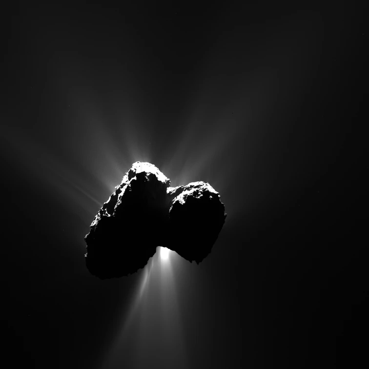 Image of Comet 67P/Churyumov-Gerasimenko, the resting place of the Rosetta spacecraft and Philae lander, as seen in 2015 from a distance of 317 km (197 miles)