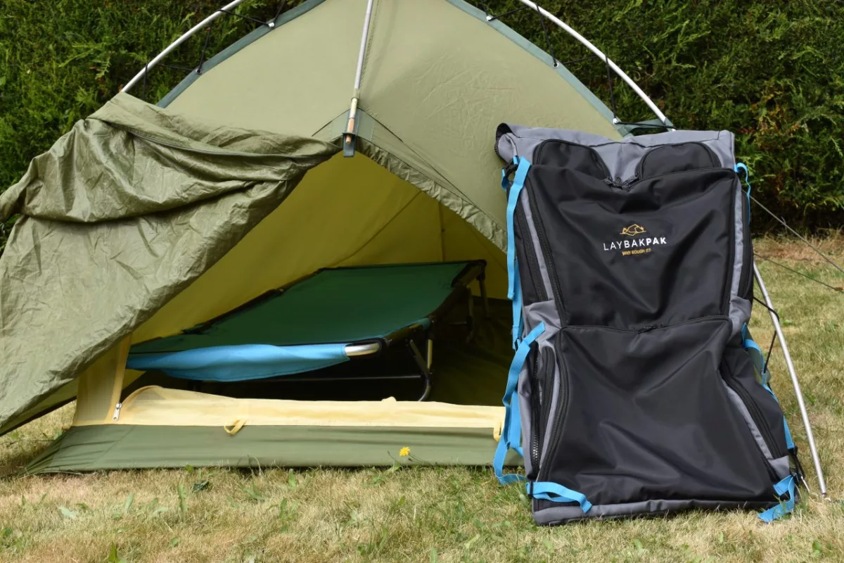 The LayBakPak, alongside the cot that its frame becomes