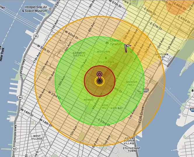 The blast, radiation, and thermal prompt effects of a 5 kT nuclear detonation 200 feet up in the Empire State Building (Image: B. Dodson)