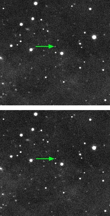 The images in which 2018 VG18 was first discovered. Taken one hour apart, the dwarf planet can be seen to have moved slightly, while the background stars have not