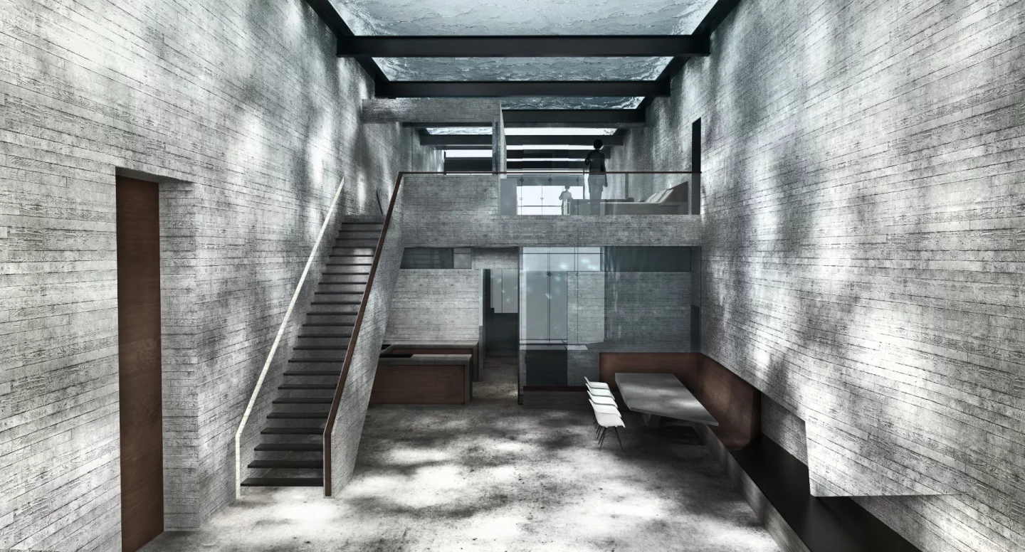 The interior decor is dominated by unfinished concrete