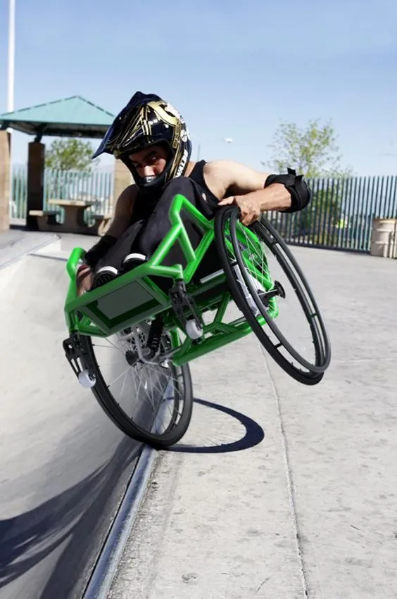 Wheelchair athlete Aaron Fotheringham, on a computer-rendered HXC wheelchair