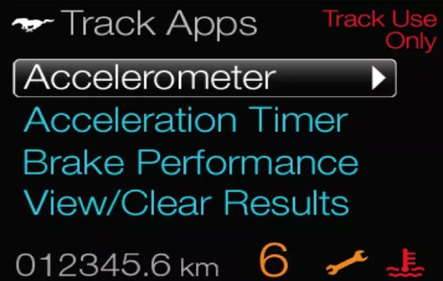 The 2013 Ford Mustang will incorporate Track Apps, a feature that displays the car's performance metrics in real time