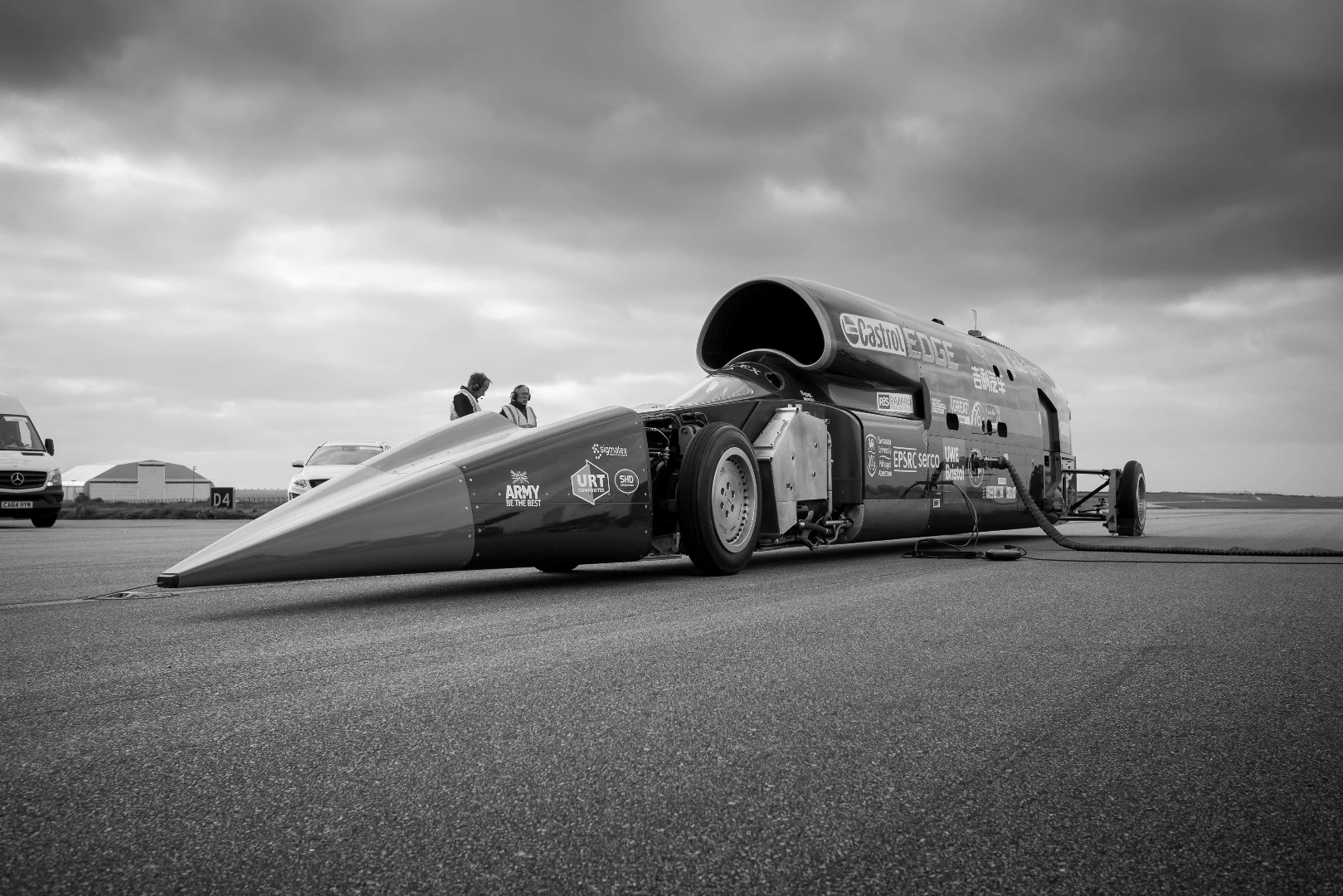 The car was initially fitted with a jet engine for this first run but an additional rocket is being developed to get it going even faster