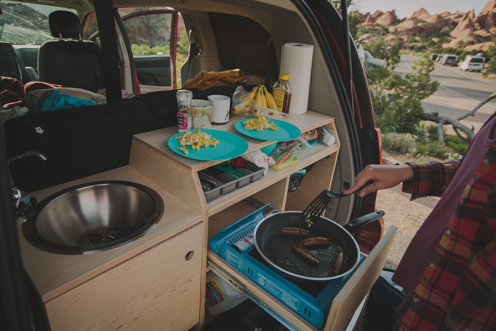 Doing some cooking with the Contravans Minivan Camper System