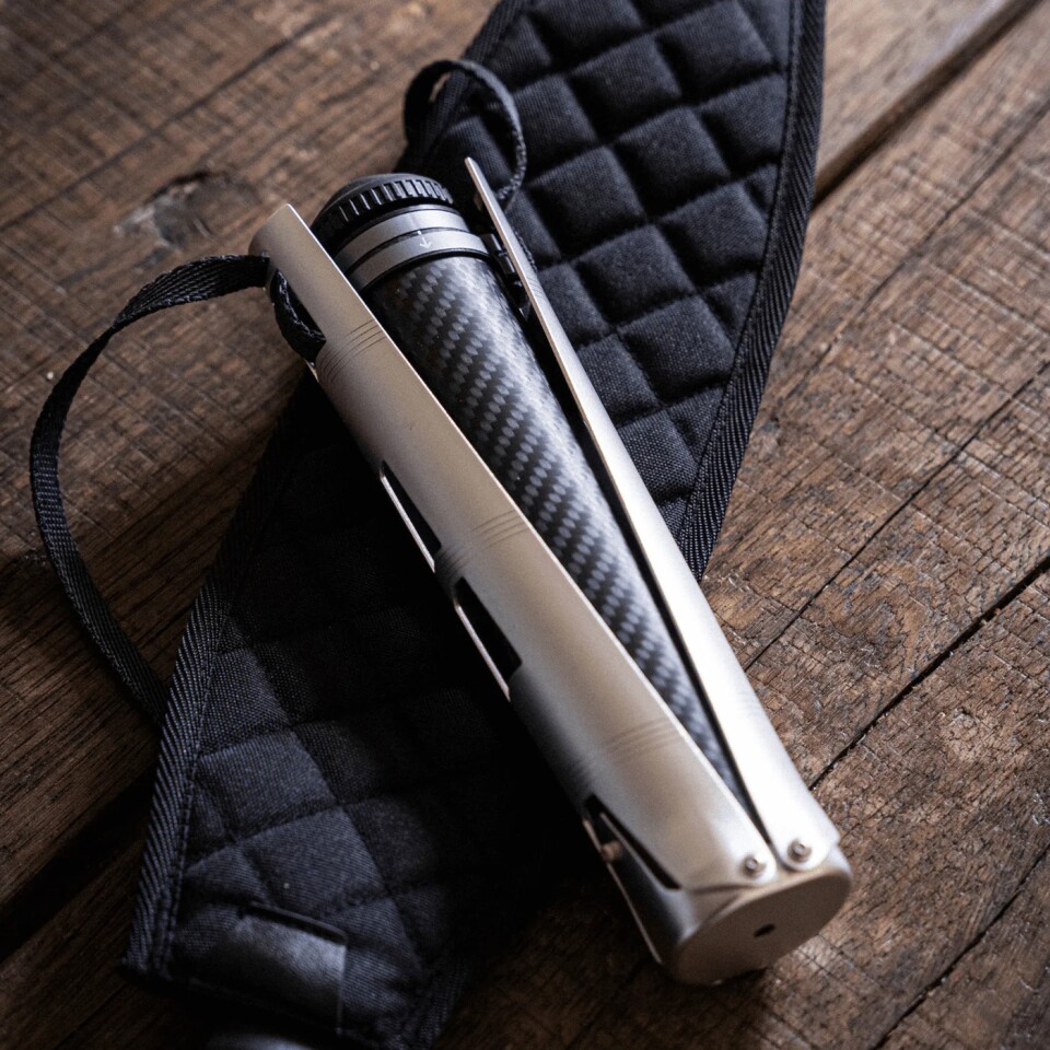 When the stool isn't in use, its folded-down leg can be carried in a pocket in its seat
