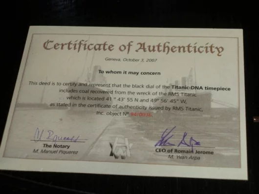 Each Titanic-DNA watch comes with a certificate of authentication.