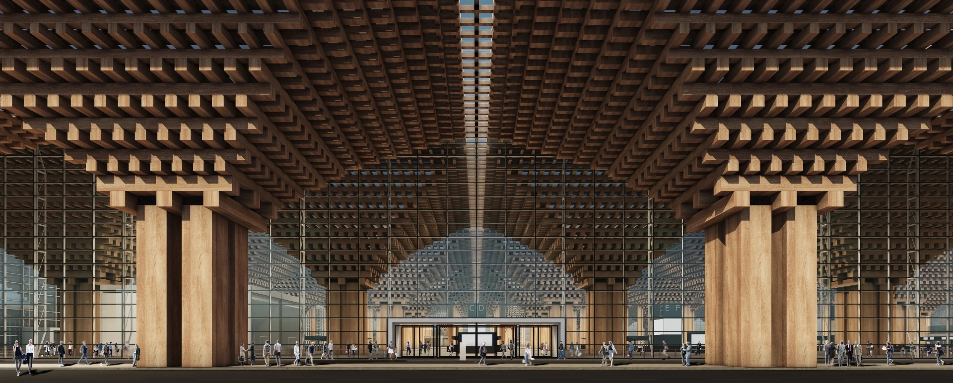 Suvarnabhumi International Passenger Terminal II's facade is defined by large wooden columns and an upside-down pyramid motif