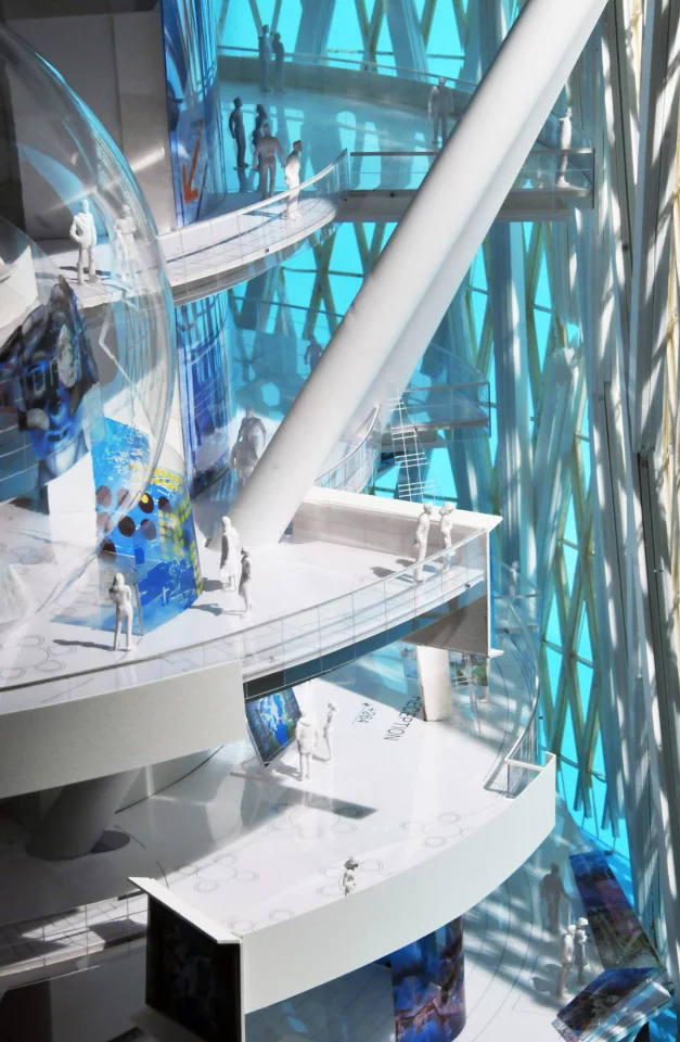 The tower will feature a series of mega-steel support braces, while also being divided into 28 meter (92 ft) long triangular modules