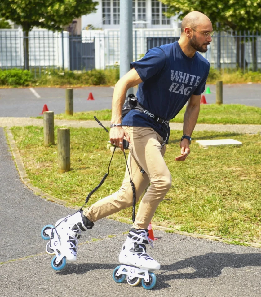 The skates' motors are controlled by a wireless remote
