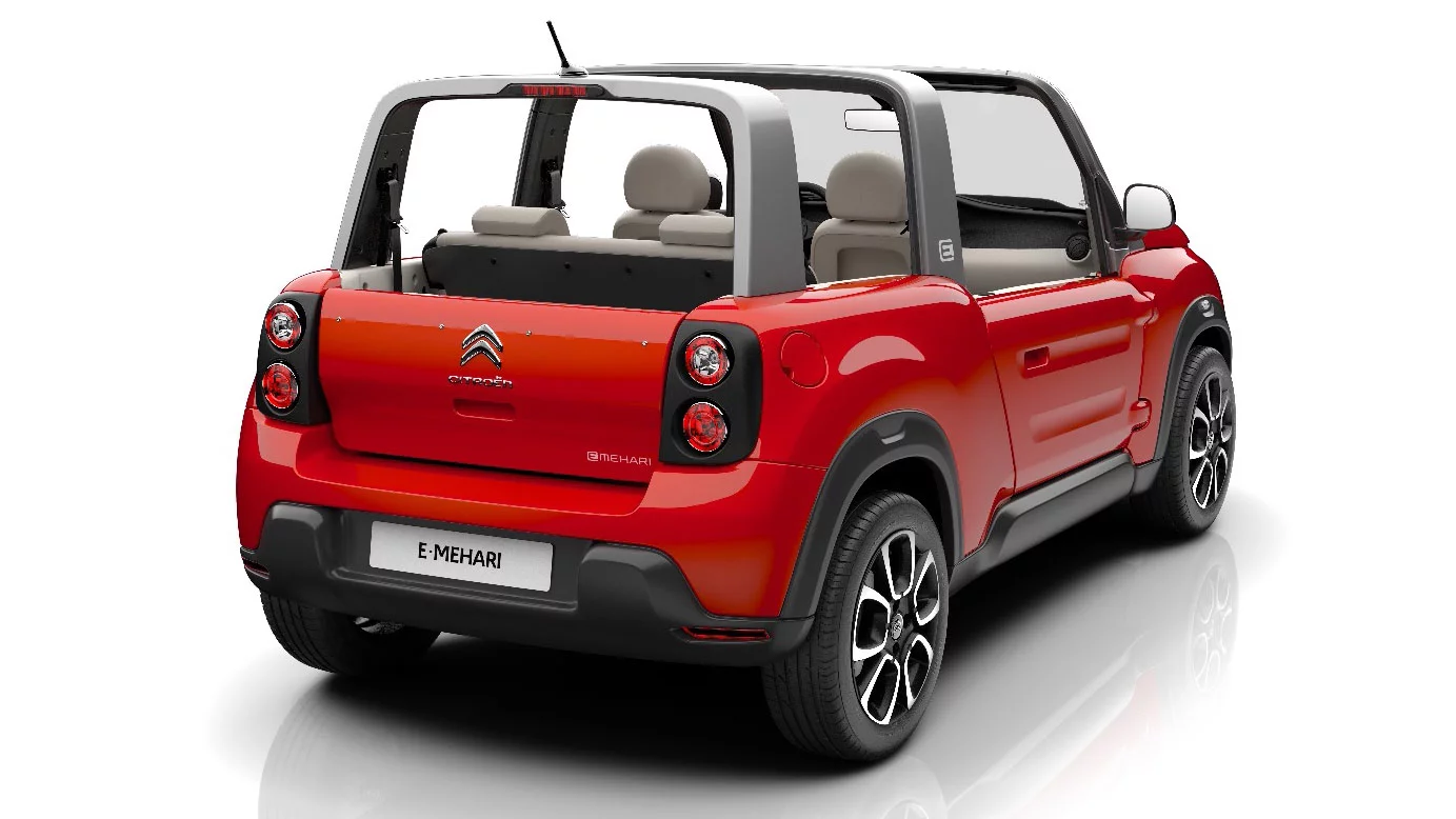 The Citroën E-Mehari has upright roll bars at the B and C pillars