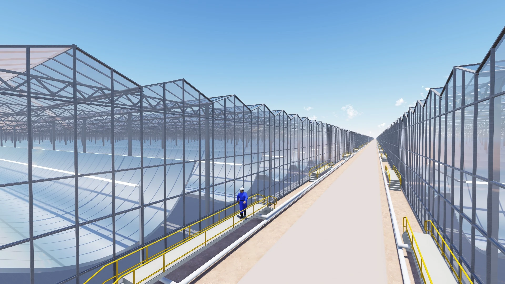 A rendering of the 36 glass modules containing the solar-powered steam flooding system being built in Oman.
