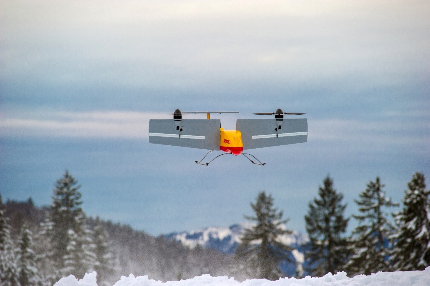 The drone can fly both like a helicopter and a plane thanks to wings that pivot