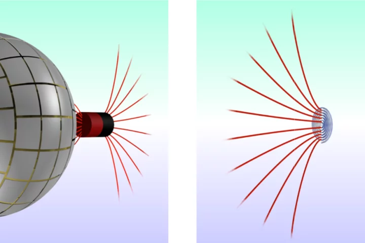 Magnetic field lines (in red) leaving a magnet on the right pass through the wormhole, which in terms of magnetism is undetectable