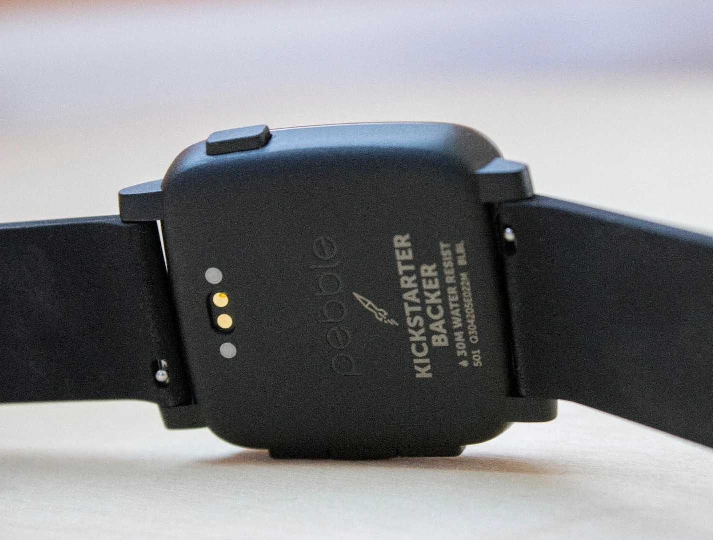 Back of Pebble Time, with Kickstarter etching