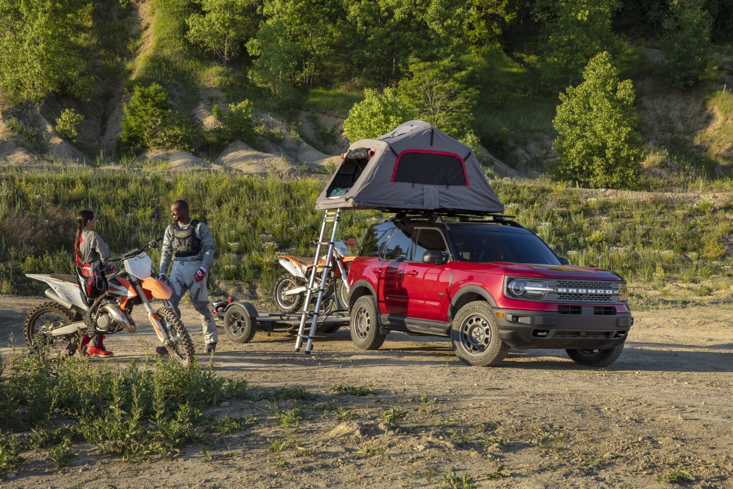 The all-new Bronco Sport offers an available overlanding-ready roof rack with capacity to make roof-top tent camping easy. (Pre-production model pictured.)