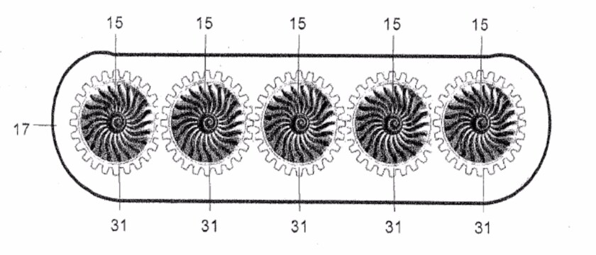 A series of fans linked by gearing