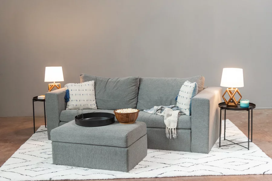The sofa comes in three different colors and a square ottoman is available as an option