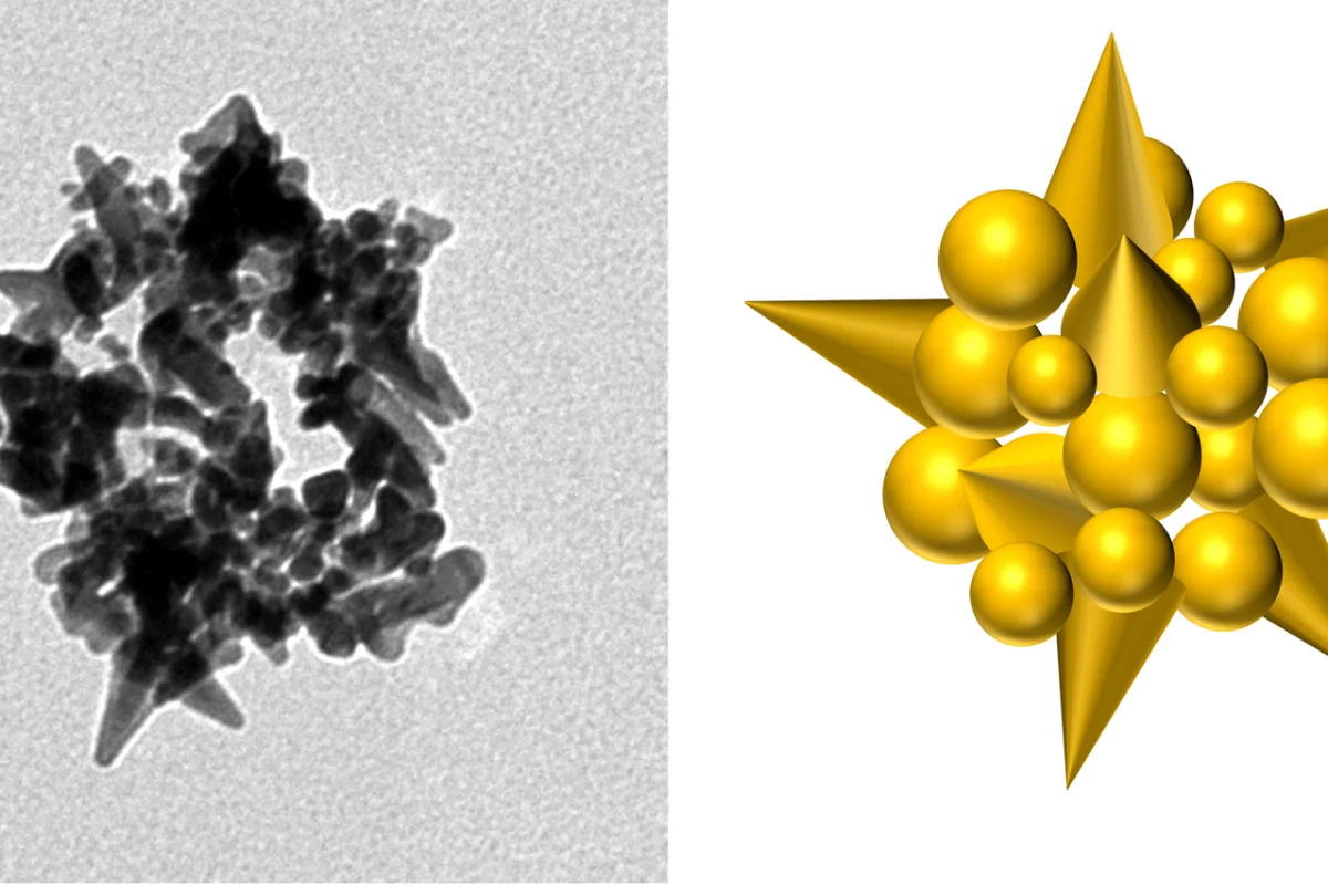 Left, an electron microscope image of a gold nanobead made by the M13 virus, with an artist's impression (right)