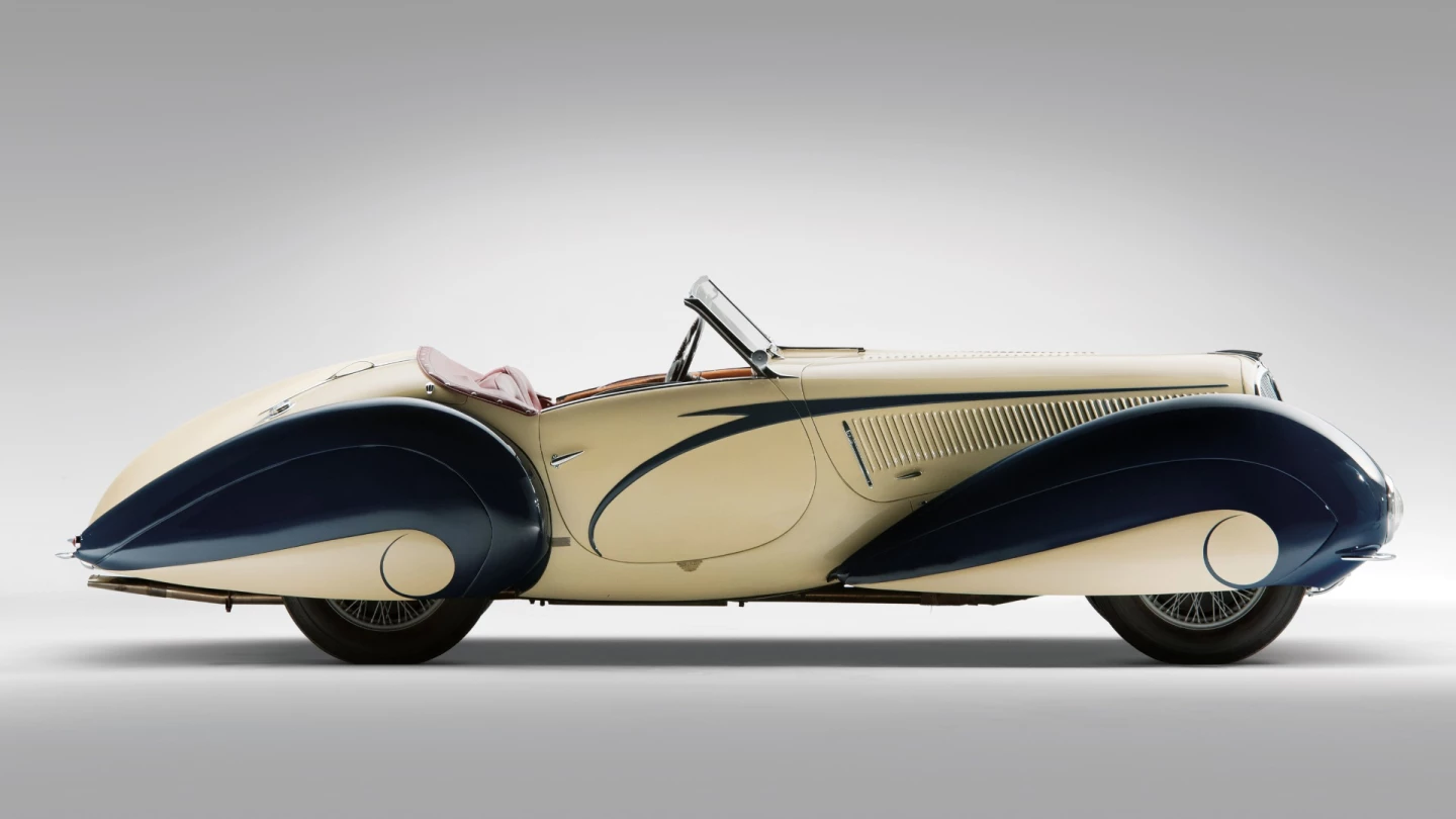 This 1937 Delahaye 135 Competition Court Torpedo Roadster is yet another variation on the teardrop design of Figoni et Falaschi based on the 1936 Paris Auto Show car which was a collaboration between Figoni and the famous illustrator Georges Hamel, or “Geo Ham.” Only 13 of these cars were built and three were fitted with a brass plaque acknowledging Ham's design. This is one of those cars and sold for $6,600,000 by RM-Sotheby's at Amelia Island in 2014.