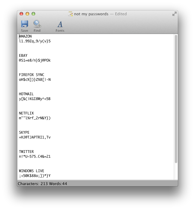 Password Pad desktop app: keep your most frequently used passwords at the top of the file for easier access (no, the passwords aren't real)