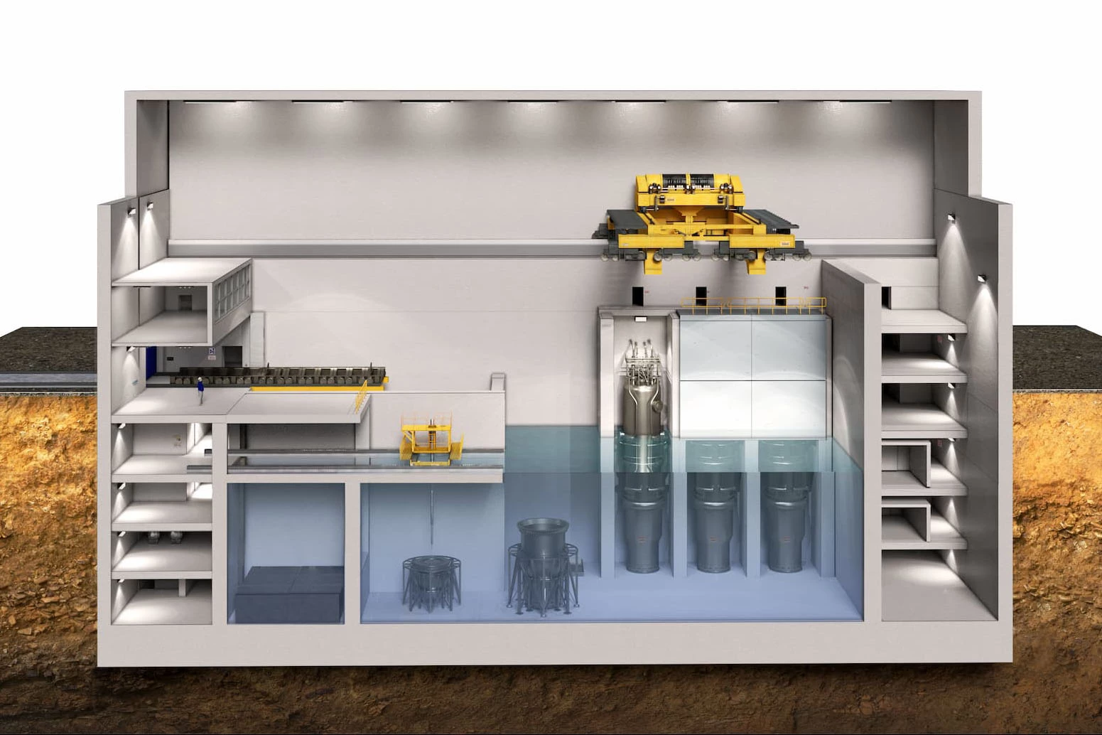 The NuScale SMR design places between 4-12 small modular reactor units together in a water bath, each mass-produced at low cost in a factory