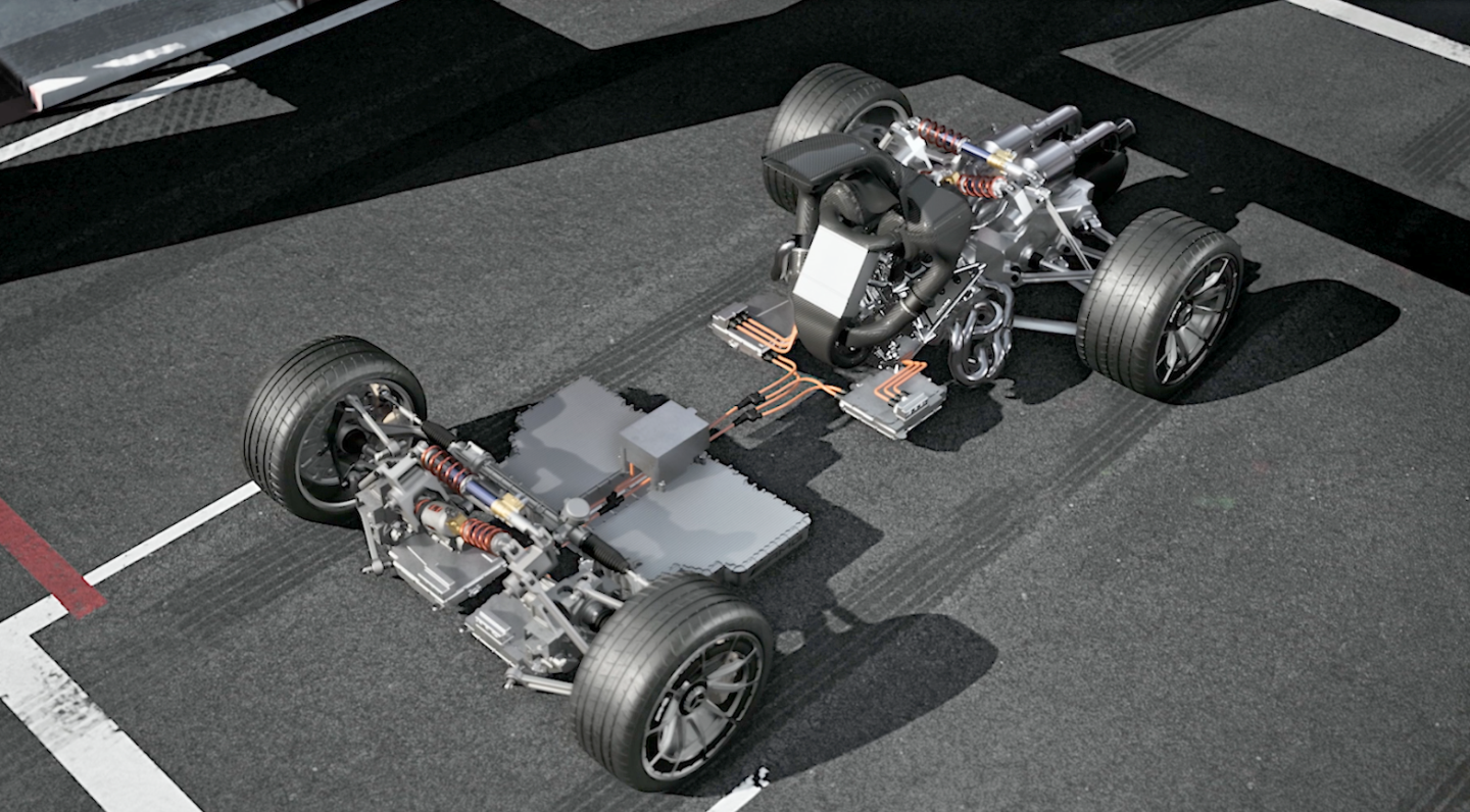 The 1600cc V6 petrol engine produces over 380kW (510 hp), with an electric motor mounted on the driveshaft adding another 120kW (161 hp) to the rear wheels. A 120kW (161 hp) electric motor drives each front wheel and the front axle features a torque vectoring function. All told, the internal combustion engine and electric motors deliver a combined output exceeding 740kW (992 hp) driving through a hydraulically operated eight-speed automated gearbox that can be driven as an automatic or manual shift