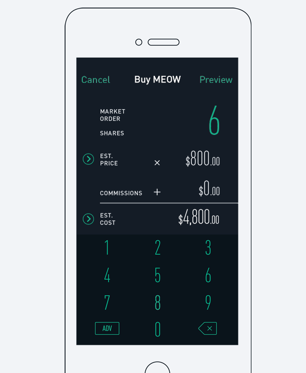 The buying screen of Robinhood's zero-commission trading app