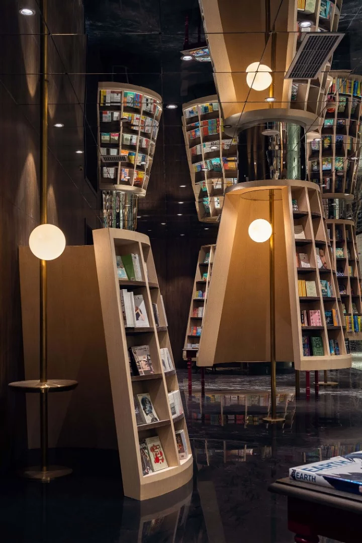 Lampshade inspired bookshelves inside the Chongqing Zhongshuge Bookstore