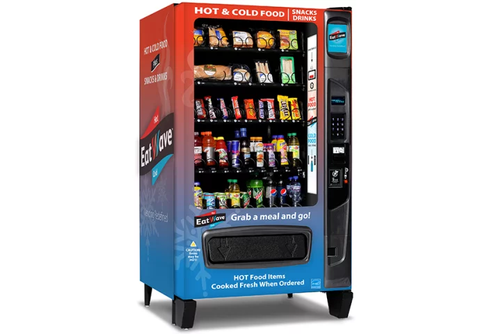 The EatWave vending machine stores cold food and drinks and can microwave specific items before they're delivered